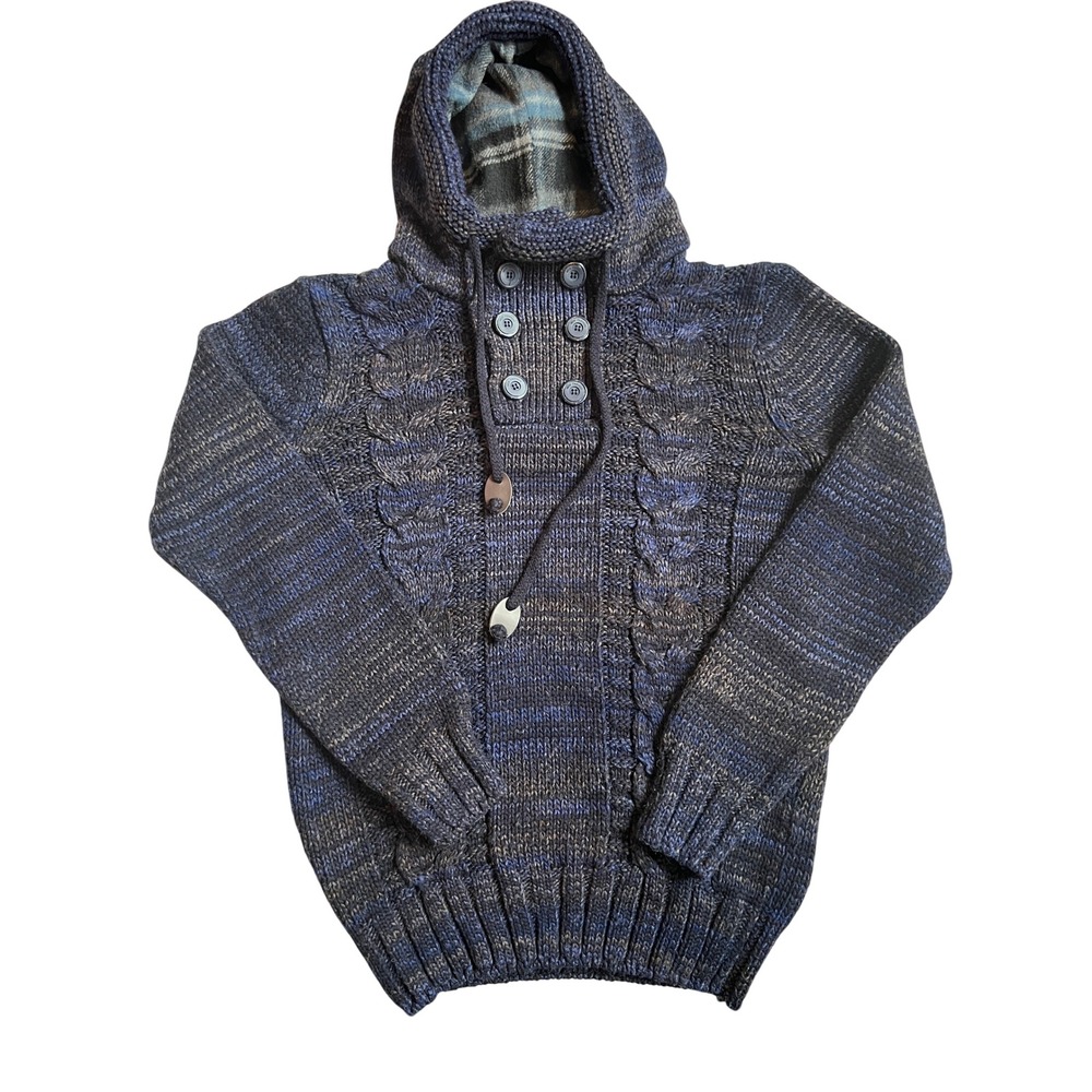 Leif Nelson Chunky Cable Knit Blue Wool Blend Hoodie Sweater SZL Outdoors Cabin